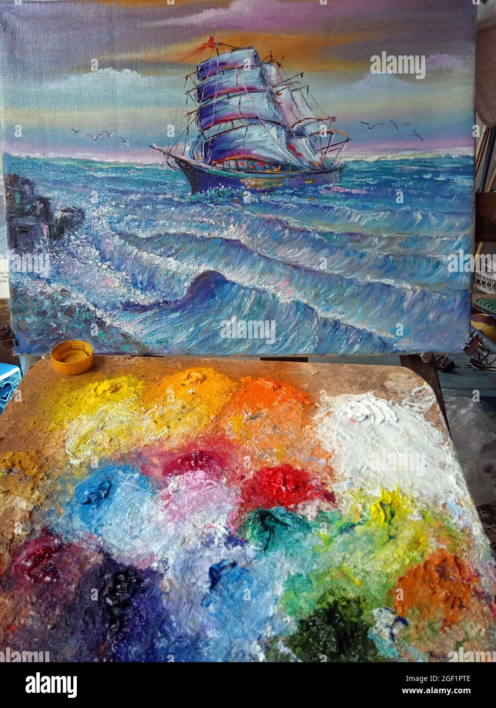 Art huile peinture voilier , barque en mer de thaïlande , junk boat, arts visuels Banque D'Images