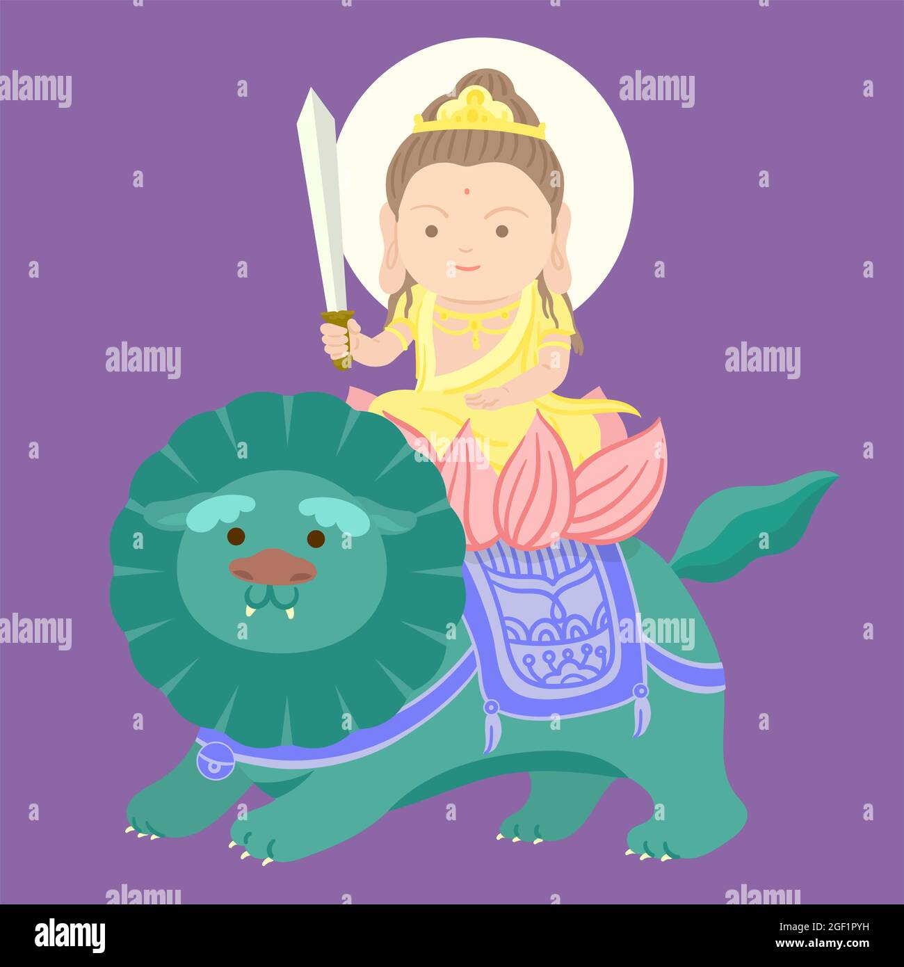 Manjushri assis sur un animal de bon augure. Dieu chinois. Un lion vert. Personnage de dessin animé. Illustration vectorielle. Illustration de Vecteur
