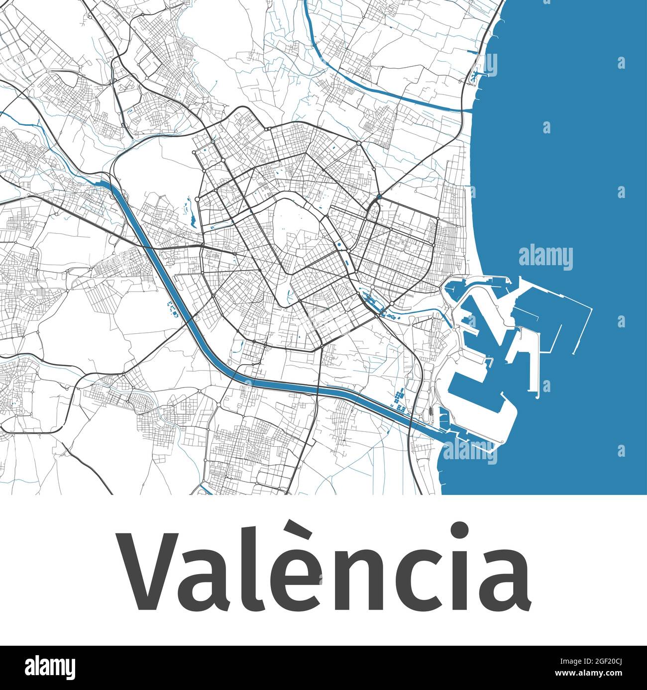 Carte de Valence. Plan détaillé de la zone administrative de Valence. Panorama urbain. Illustration vectorielle libre de droits. Carte avec autoroutes, stre Illustration de Vecteur
