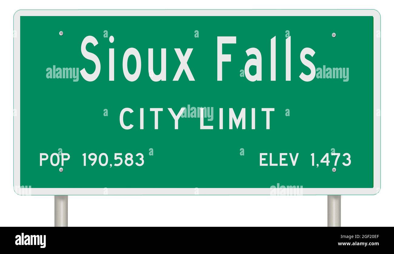 Affichage d'un panneau vert d'autoroute du Dakota du Sud avec informations sur la ville Banque D'Images