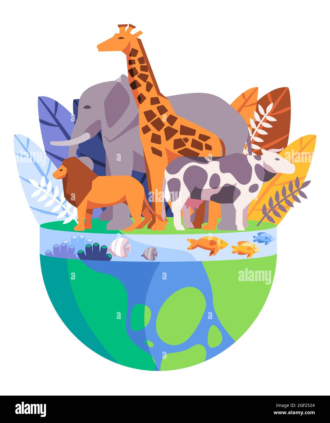 fond de dessin animé avec des poissons-lions girafes d'éléphant et des récifs de corail de couleur verte et bleue Illustration de Vecteur