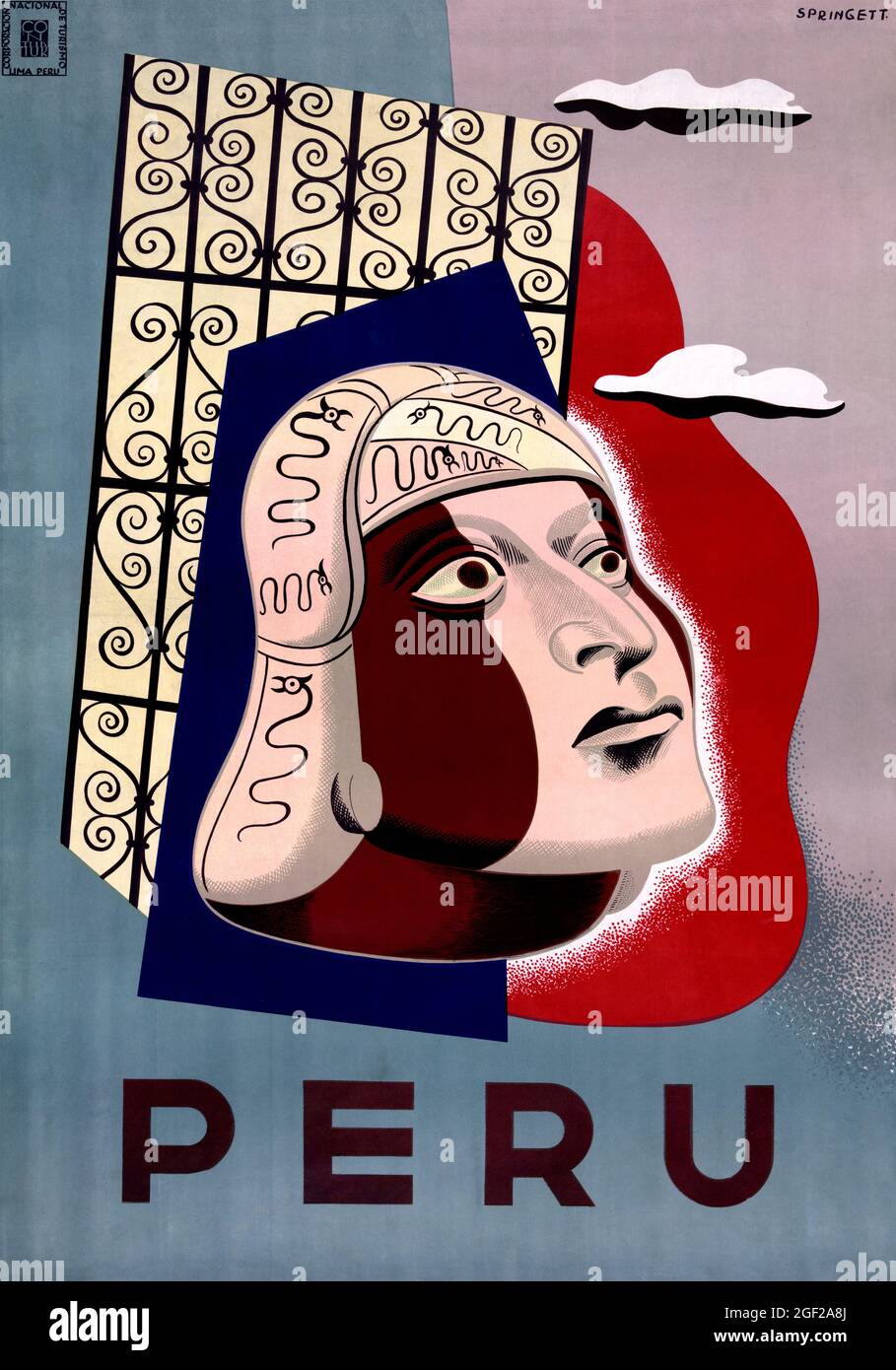 Pérou par Springett (dates inconnues). Affiche ancienne restaurée publiée dans les années 1950 au Pérou. Banque D'Images