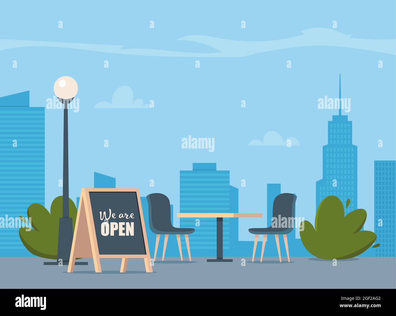 Café extérieur d'été avec table et sièges sur fond de ville moderne. Scène de restaurant de rue dans le design plat. Illustration vectorielle Illustration de Vecteur