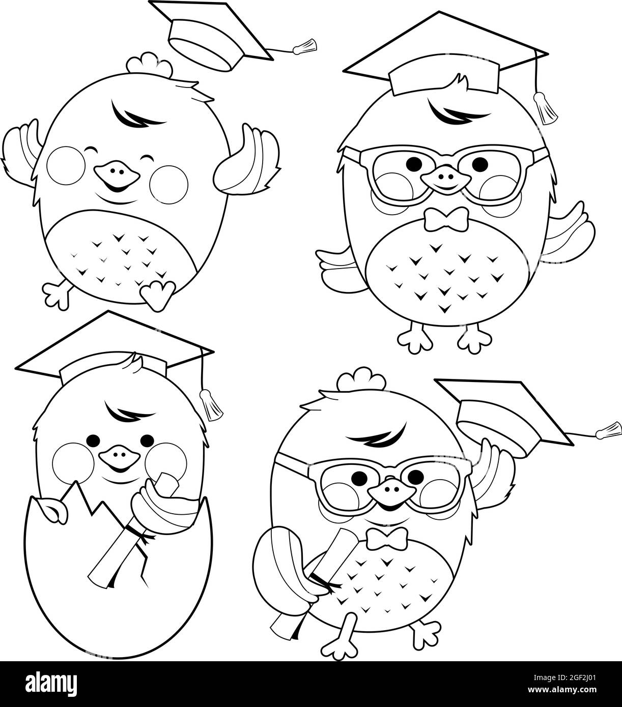 Adorables petits étudiants en poulet avec des chapeaux de remise des diplômes et des diplômes. Page de couleur noire et blanche vectorielle. Illustration de Vecteur Adorables petits étudiants en poulet avec des chapeaux de remise des diplômes et des diplômes. Page de couleur noire et blanche vectorielle. Illustration de Vecteur