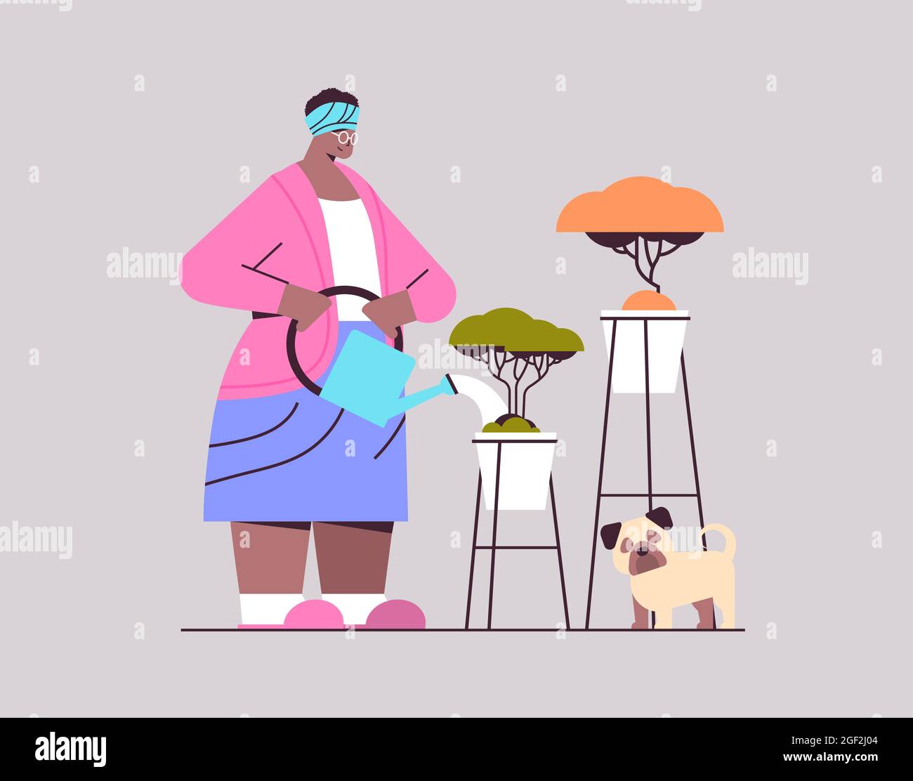 femme âgée arroser des fleurs de l'arrosage peut femme au foyer afro-américain senior prenant soin des plantes de maison Illustration de Vecteur