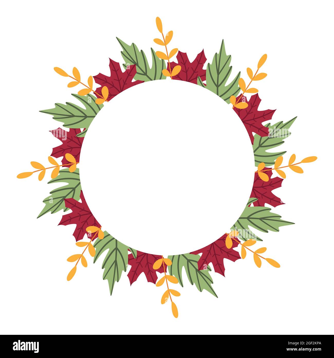 Cadre rond fleuri classique avec feuilles automnales colorées. Jolie couronne plate de dessin animé pour le dessin d'une carte de vœux, invitation, étiquette, promotion. Illustration de Vecteur