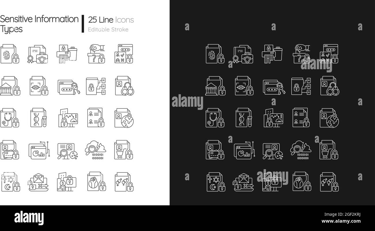 Types d'informations sensibles icônes linéaires définies pour les modes sombre et clair Illustration de Vecteur