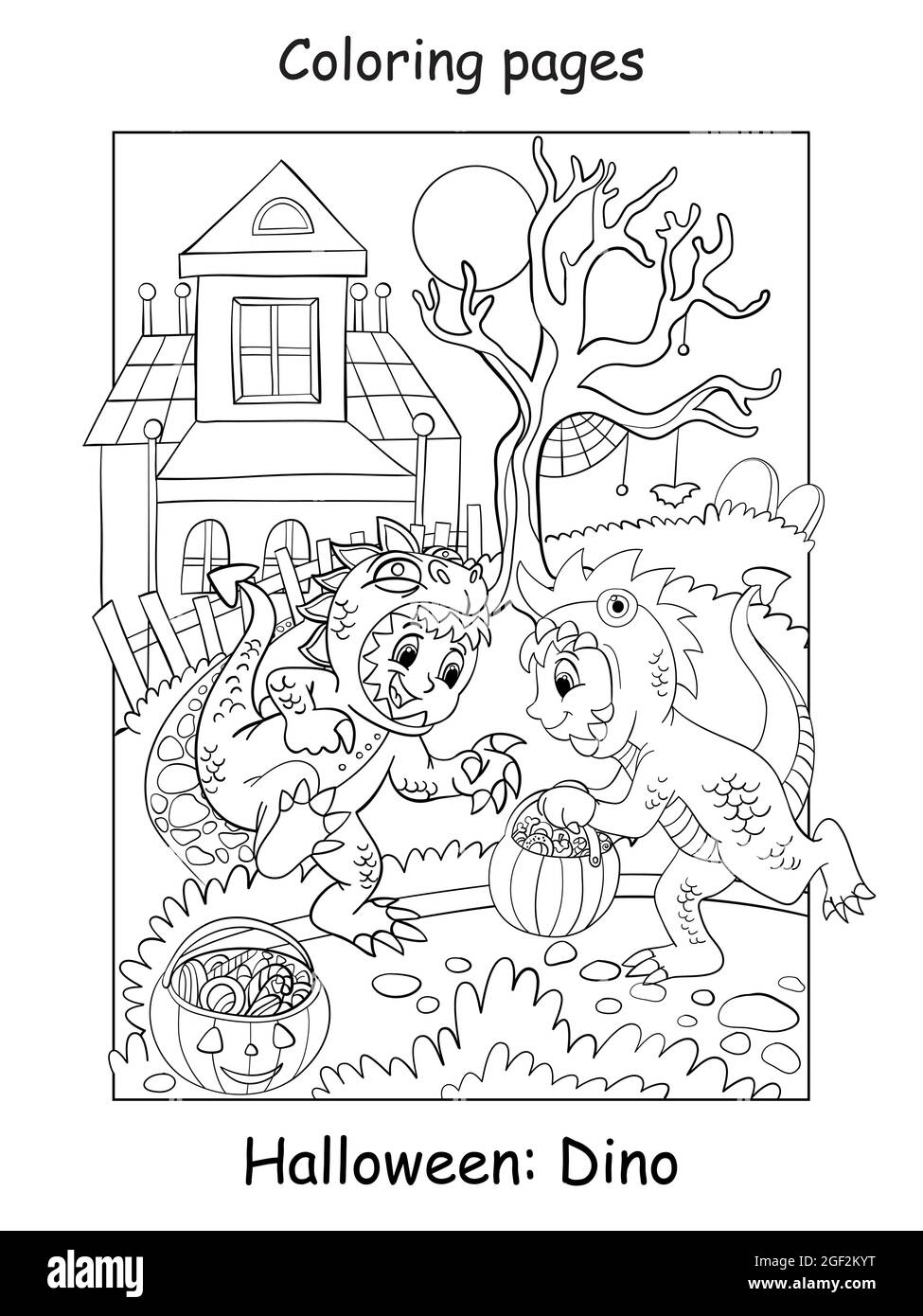 Pages de coloriage vectorielles garçons amusants en costume de dinosaure. Concept Halloween. Illustration de contour de dessin animé isolée sur fond blanc. Cahier de coloriage pour Illustration de Vecteur