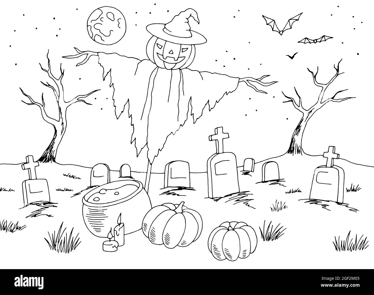 Halloween paysage graphique noir blanc arbre mort esquisse illustration vecteur Illustration de Vecteur