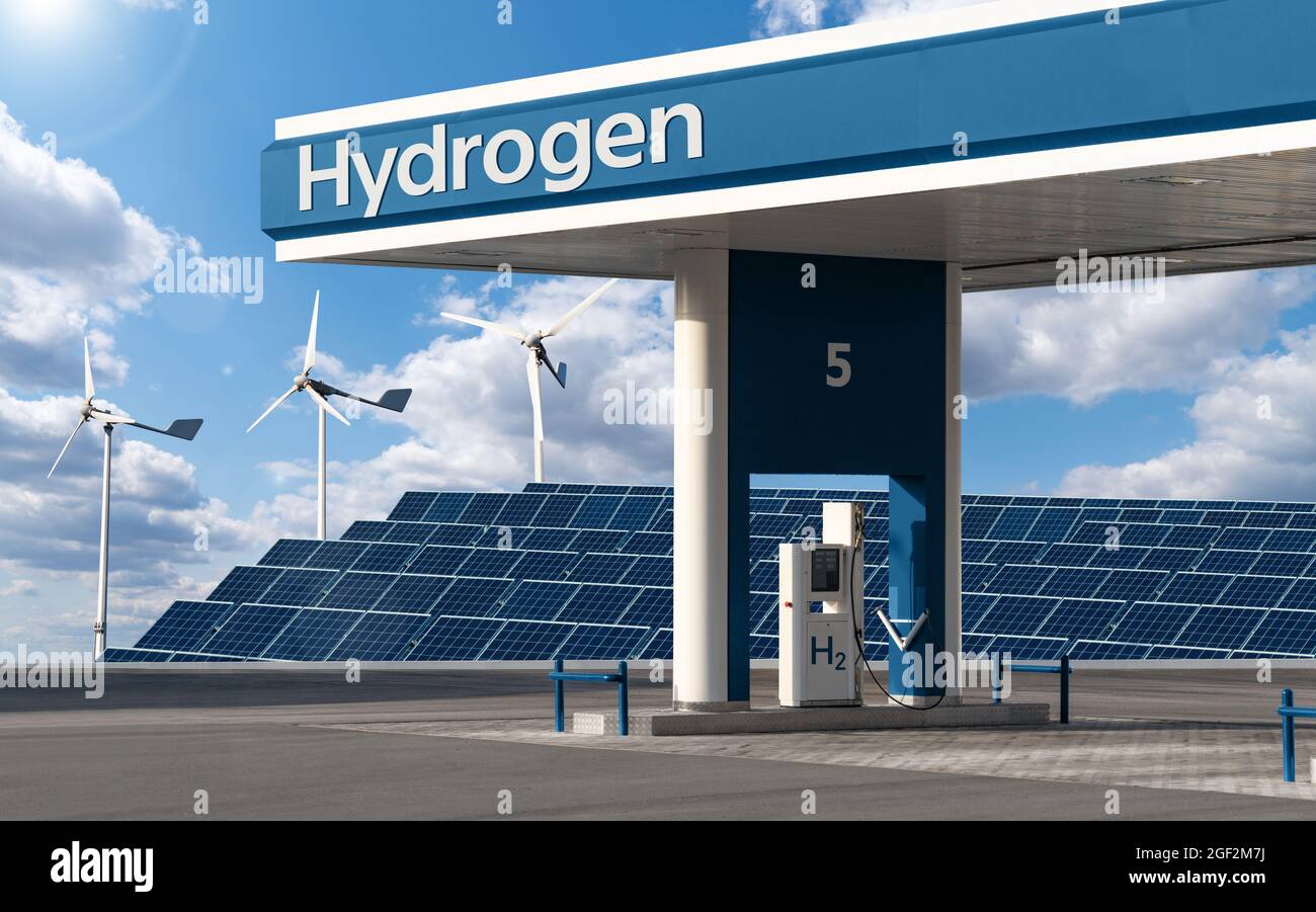 Station de remplissage d'hydrogène sur fond de panneaux solaires et d'éoliennes. Production d'hydrogène à partir de sources d'énergie renouvelables. Concept Banque D'Images