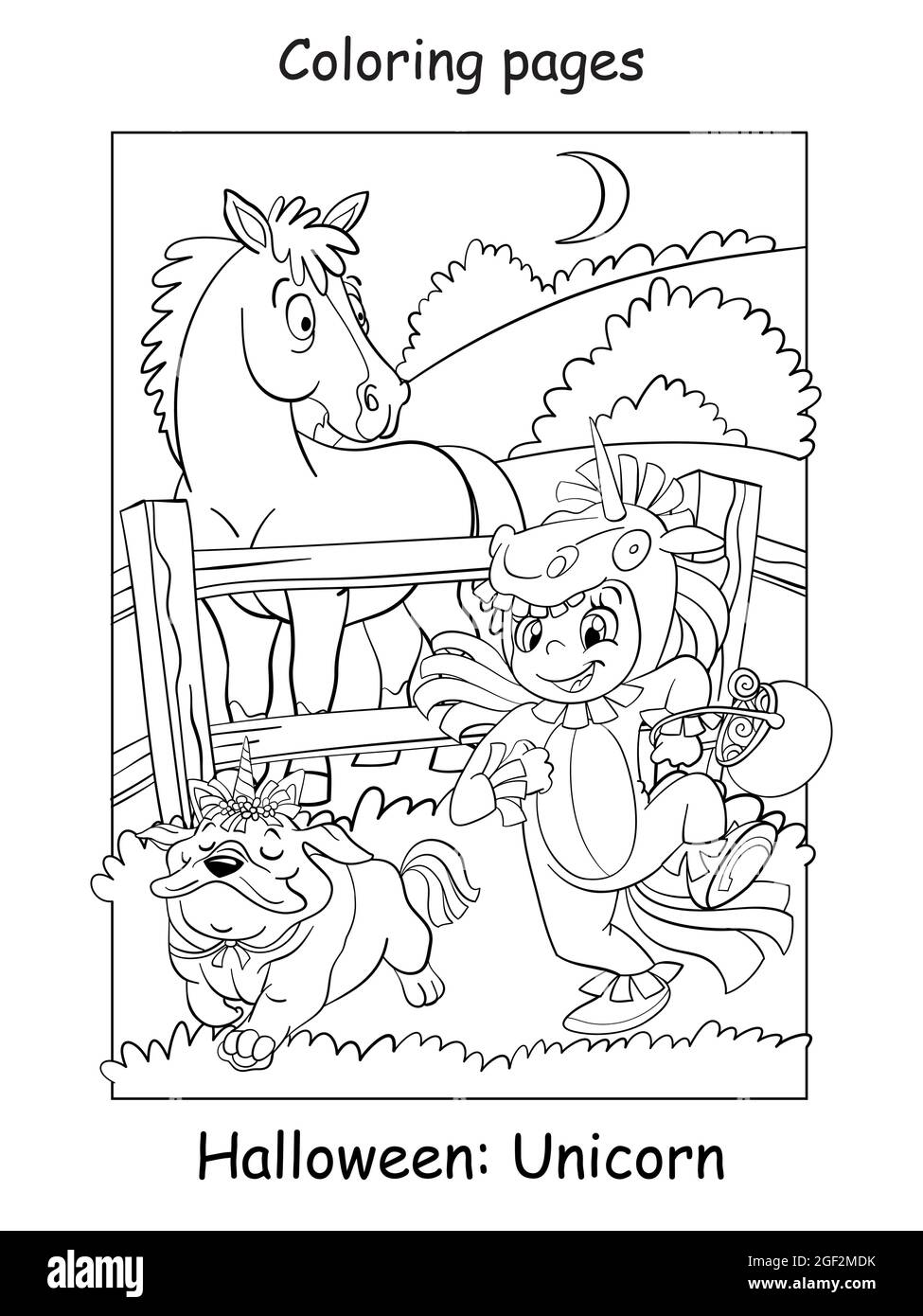 Vecteur Page De Coloriage Fille Avec Un Chien En Costumes D Unicorn Et Cheval Surpris Concept Halloween Illustration Isolee De Contour De Dessin Anime Livre De Coloriage Image Vectorielle Stock Alamy