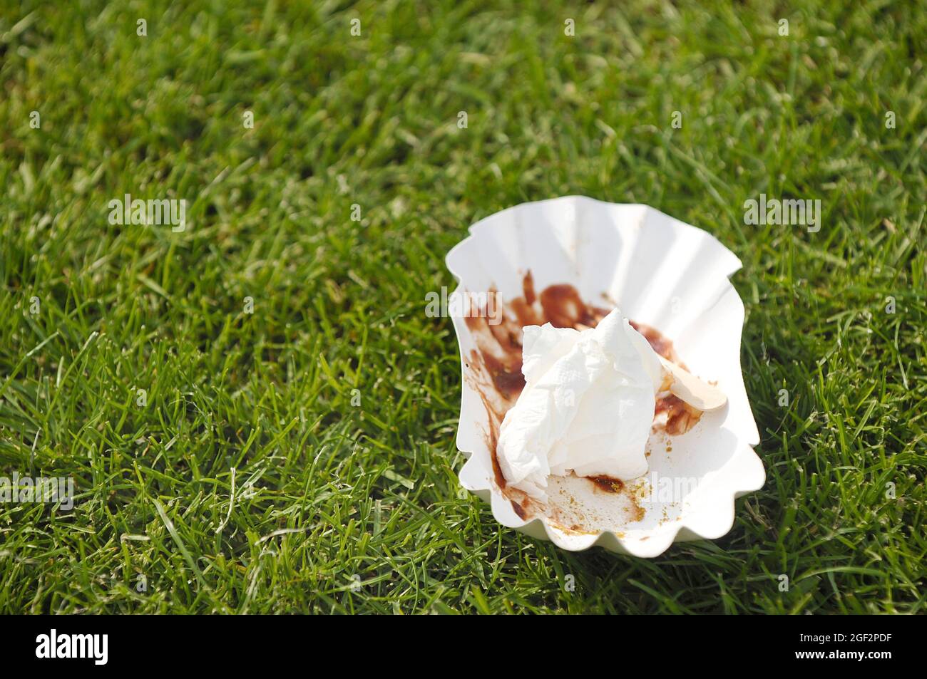 Bol de frites avec des restes de saucisse de curry jetés sur une pelouse, Allemagne Banque D'Images
