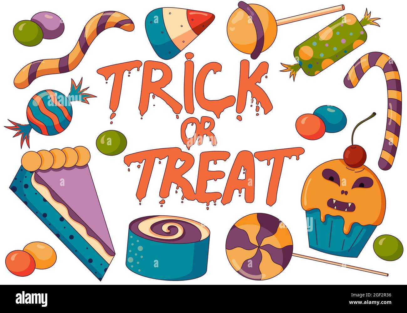 Illustration de concept de mélange de bonbons Trick or Treat, halloween fête avec des bonbons effrayants, des tartes et des cupcakes dans un style plat isolé sur un blanc Illustration de Vecteur