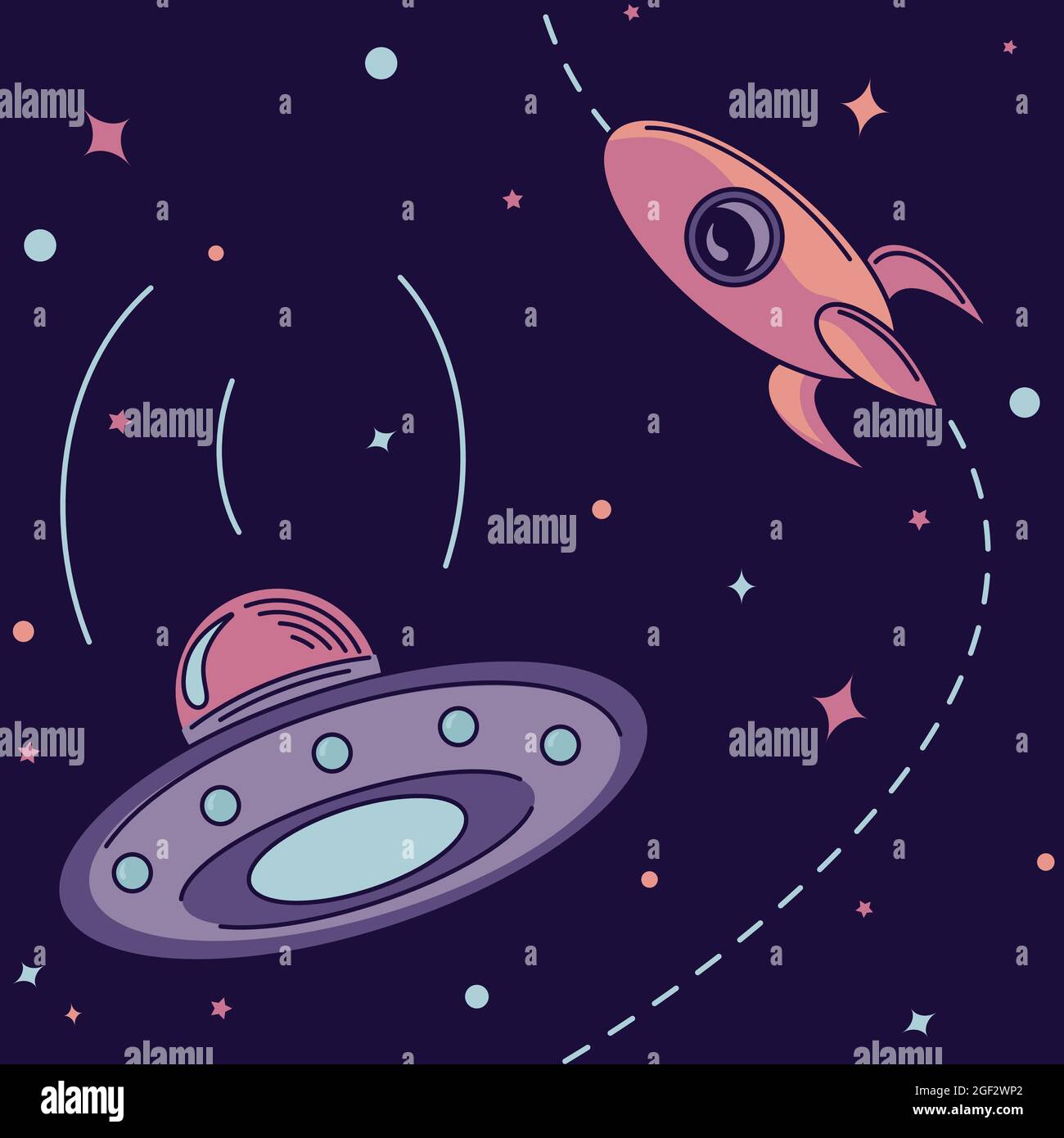 Illustration vectorielle de l'OVNI et de la fusée. Illustration plate sur fond violet foncé avec thème univers et espace. Illustration de Vecteur