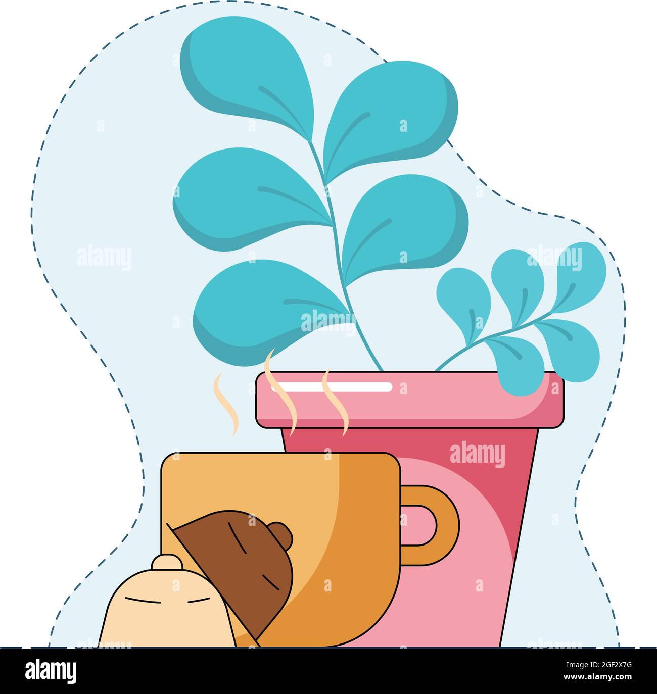 Mug avec café chaud fait par préparation de capsule, devant le pot avec une fleur. Illustration vectorielle de dessin animé de style plat, isolée sur un bleu et un blanc Illustration de Vecteur