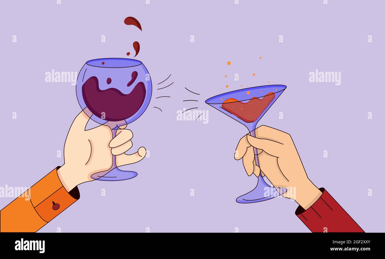 Illustration de la fête, mains avec des verres de vin et de champagne, des cheers et des cocktails alcoolisés. Illustration vectorielle de dessin animé à plat Illustration de Vecteur