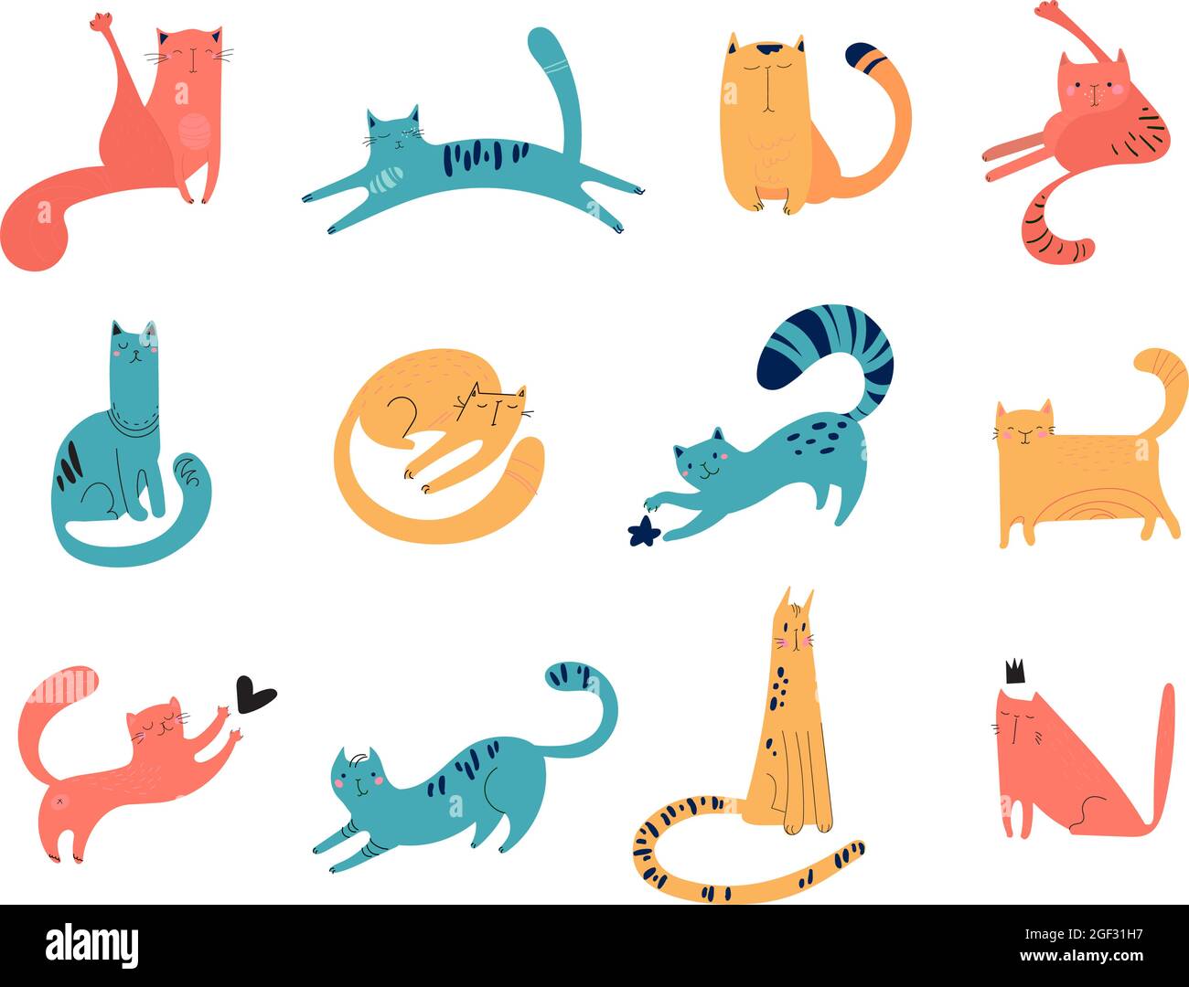 Ensemble de chats dessinés à la main pour l'impression, le textile, les t-shirts, les affiches. Visages, moustache, pattes, queues, rayures sur fond blanc. Les animaux de compagnie vectoriels de différentes couleurs jouent, s'assoient, marchent, dorment. Illustration de Vecteur