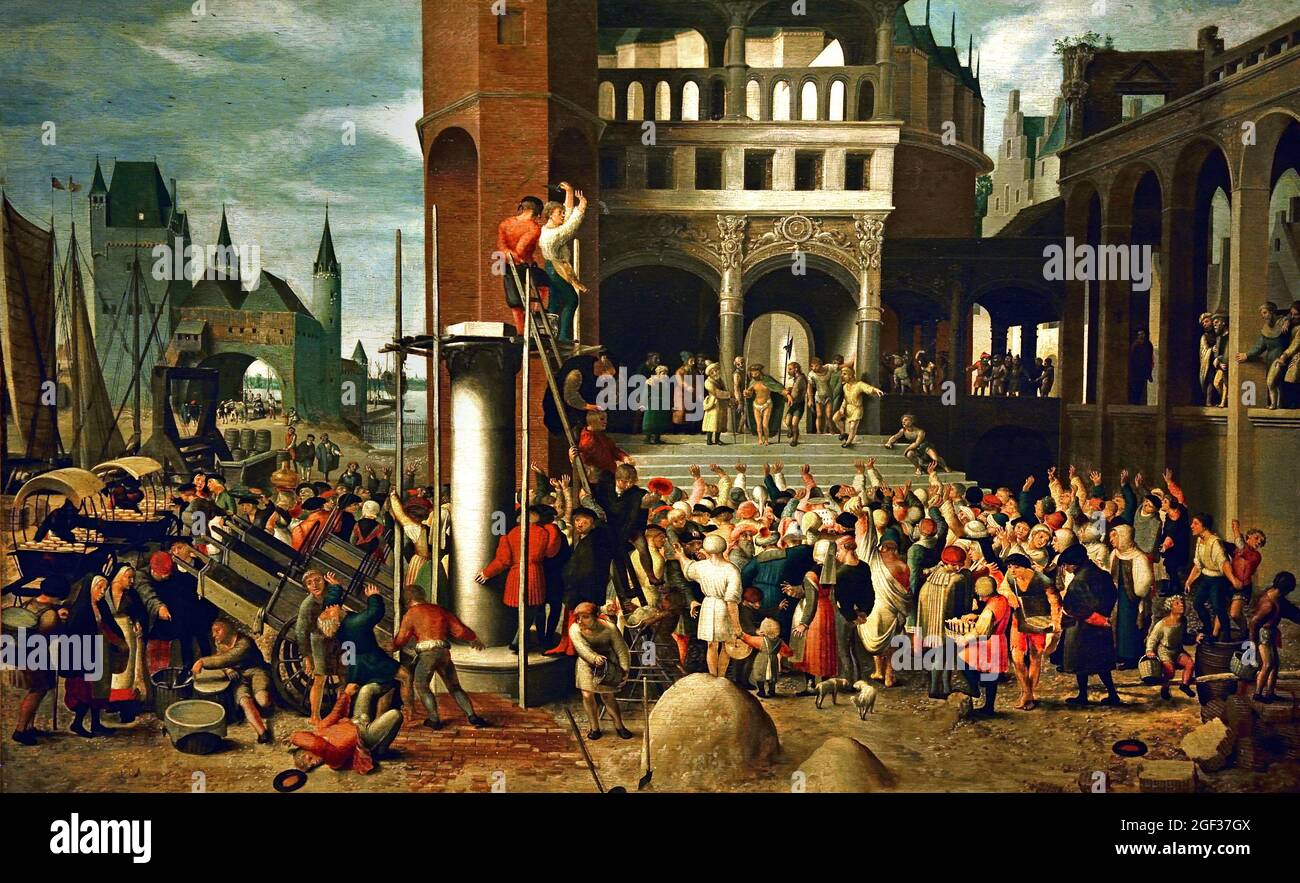 'ECCE Homo' Brunswick Monogrammiste - huile sur panneau (c.1525-1535). Néerlandais, pays-Bas. ( le Christ est montré au peuple par Pilate sur les marches du palais. Au premier plan une grande foule de gens, à gauche une scène de marché avec des stands, des voitures et des vendeurs de rue. Au loin, des mâts de navires et une porte de ville. Les ouvriers se tiennent sur un échafaudage autour d'une colonne en face du palais. ) Banque D'Images