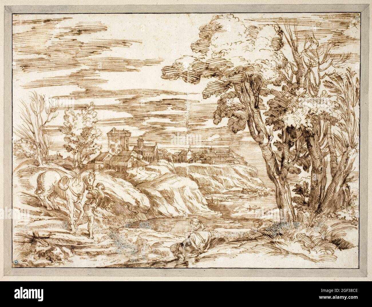 Attribué à Titien: Paysage de rivière avec un homme assis avec turban et un garçon menant un cheval au premier plan, dessin, 1484-1575 Banque D'Images
