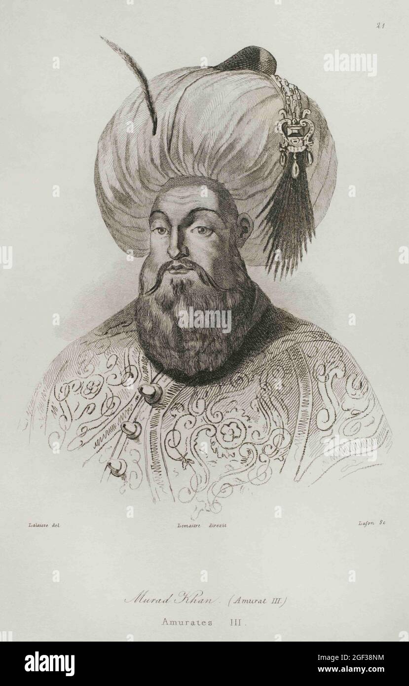 Murad III (1546-1595), sultan de l'empire ottoman (1574-1595). Il était le fils aîné du sultan Selim II (1566-1574). Portrait. Gravure par Lemaitr Banque D'Images