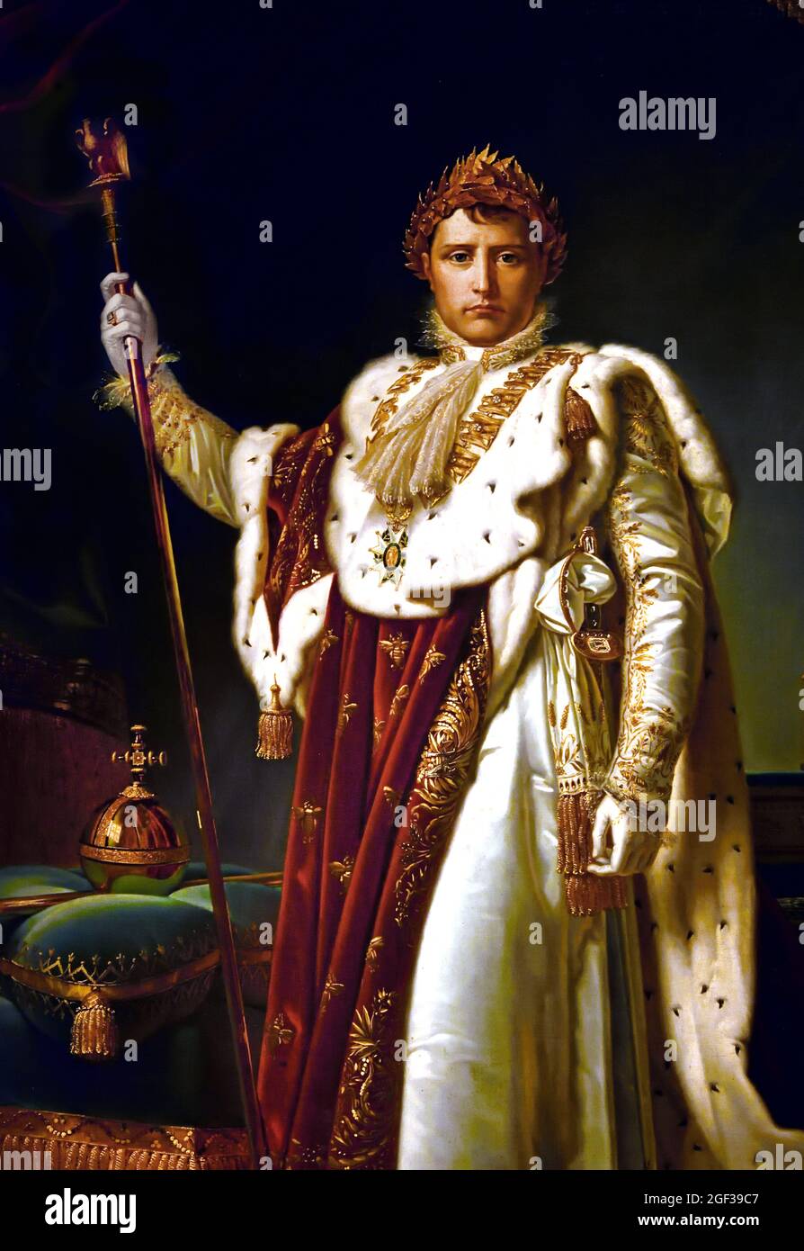 Portrait de l'empereur Napoléon Ier en robes de couronnement, 2 décembre 1804 par François Gérard . Debout, sur toute la longueur, dans le manteau de l'hermine avant le trône. Sur la droite, un personnel avec un aigle, sur la gauche sur un oreiller l'orbe et un sceptre. France, Français Banque D'Images