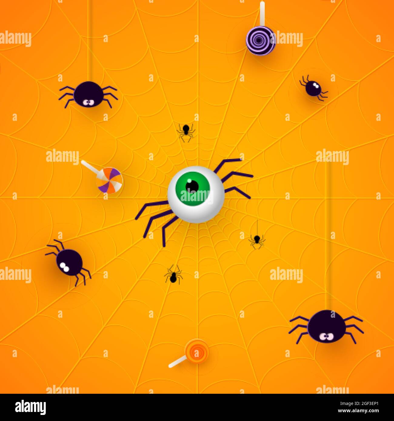 Joyeux Halloween bannière ou invitation de fête fond orange avec araignées et bonbons dans le style coupé en papier. Illustration vectorielle. Illustration de Vecteur