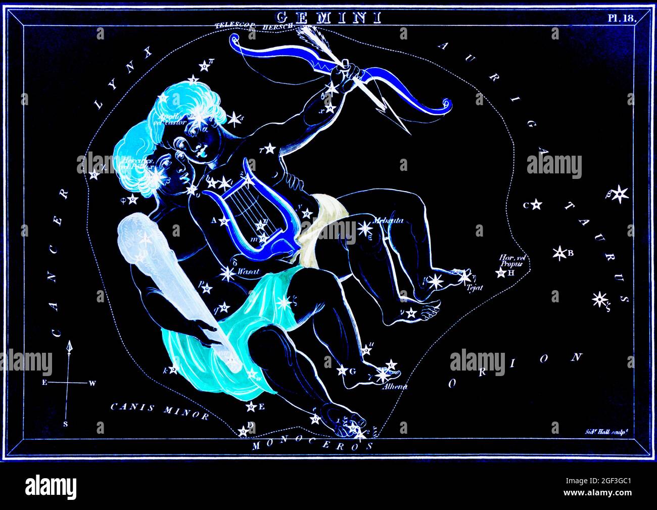 Illustration du zodiaque du Sidney Hall vintage avec améliorations de couleurs et inversions - Gemini Banque D'Images