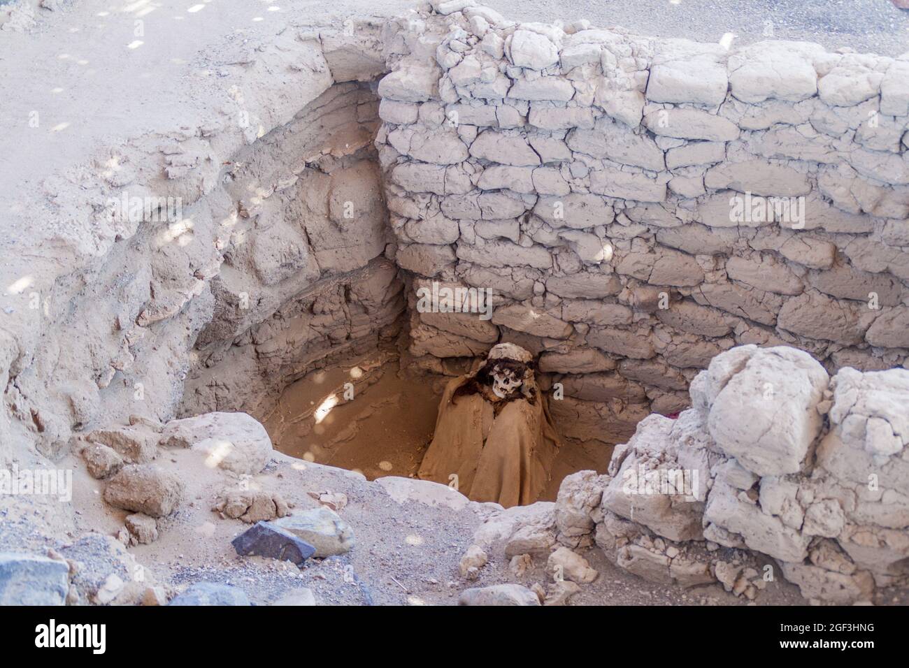 Momie conservée dans un tombeau du cimetière de Chauchilla à Nazca, Pérou Banque D'Images