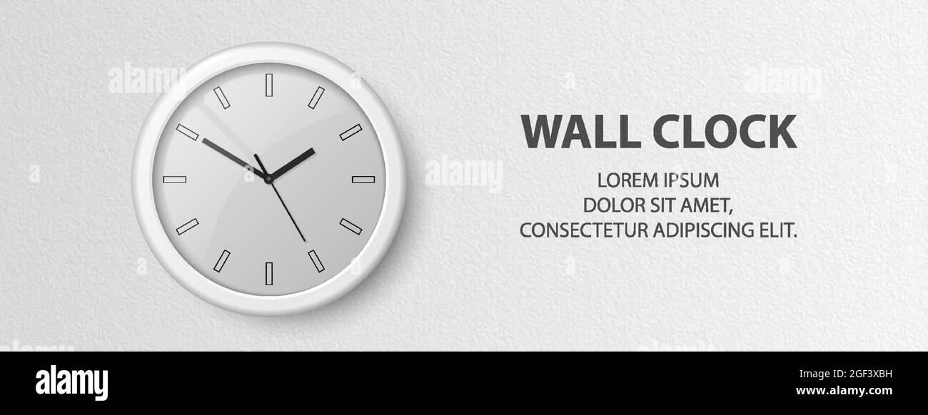 Vector 3d Realistic White Wall horloge de bureau sur fond de mur blanc texturé. Modèle de conception, bannière avec horloge de bureau et cadran intérieur blanc Illustration de Vecteur