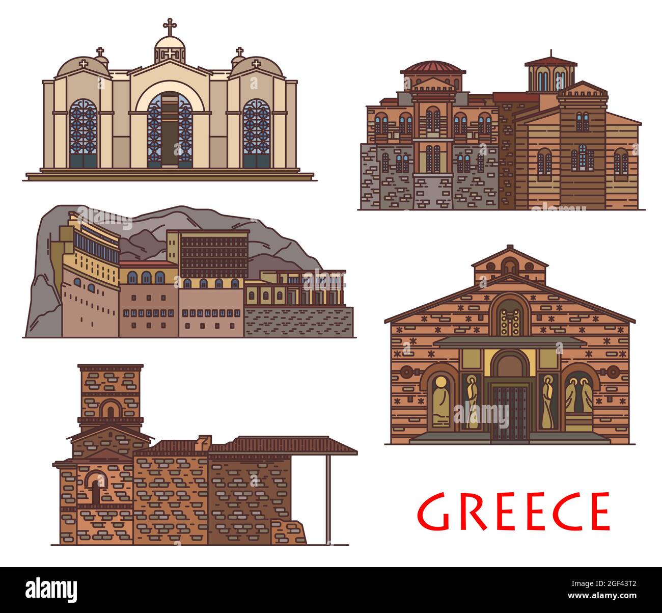 L'architecture de la Grèce et les bâtiments d'Athènes, vecteur grec Voyage points de repère. Grèce Chapelle Saint George, Grande grotte de Mega Spilaio, monastère de St Lucas, Pana Illustration de Vecteur