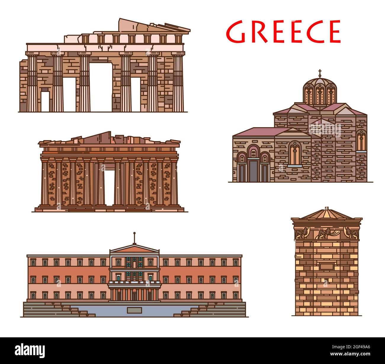 L'architecture de la Grèce et les bâtiments d'Athènes, vecteur grec Voyage points de repère. Grèce antique Parthénon, Parlement d'Athènes, église Saint-Nicolas, Illustration de Vecteur