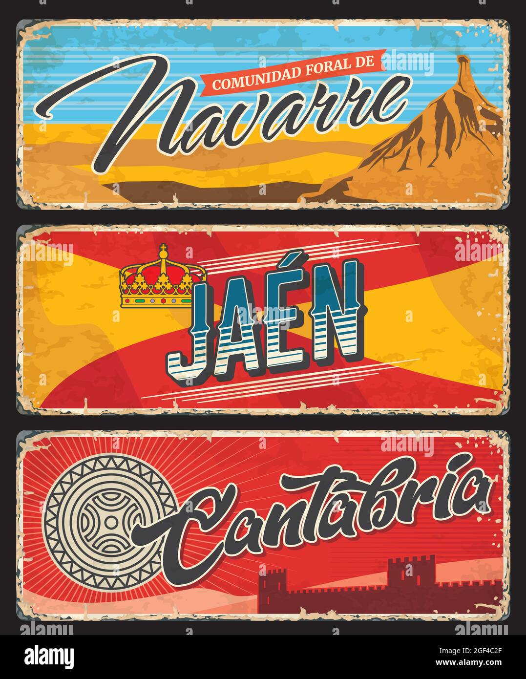 Navarre, Jaen et Cantabrie provinces espagnoles grunge plaques. Espagne régions étain signes avec manteau ou bras et symboles de drapeau, couronne d'or de monarque, Bardenas Illustration de Vecteur