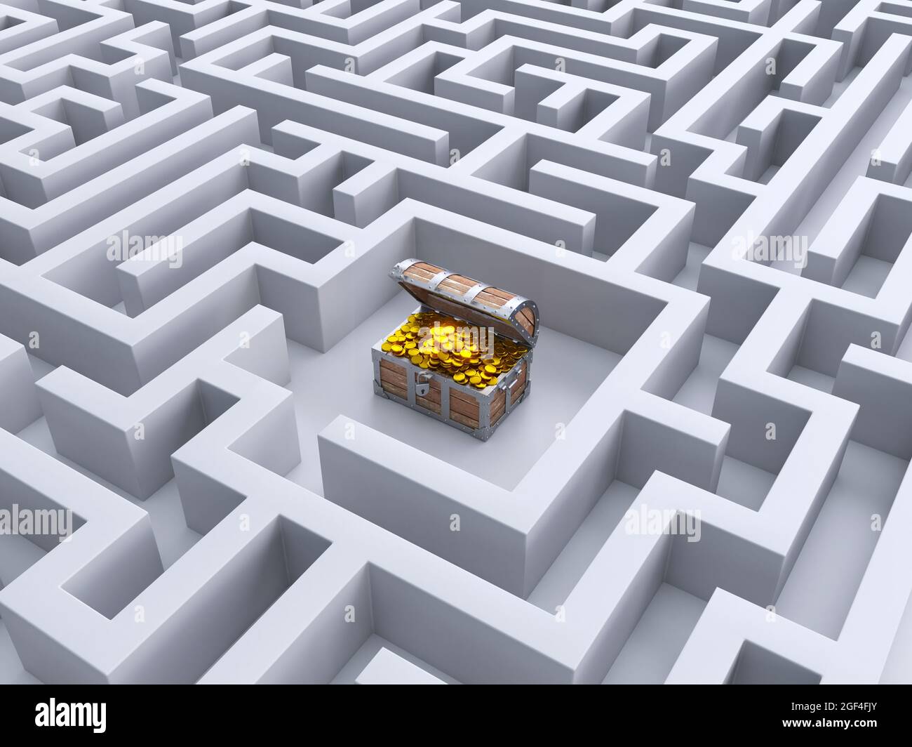 Coffre au Trésor au milieu du labyrinthe, concept 3d de succès, rendu 3d Banque D'Images