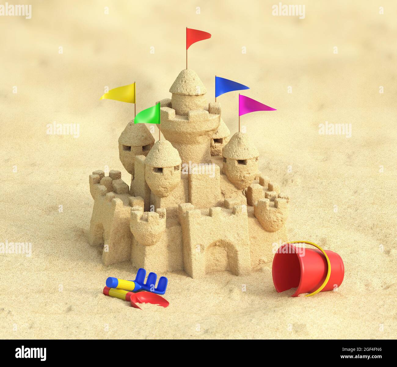 Château de sable avec jouets de sable pour enfants et rendu 3d Banque D'Images