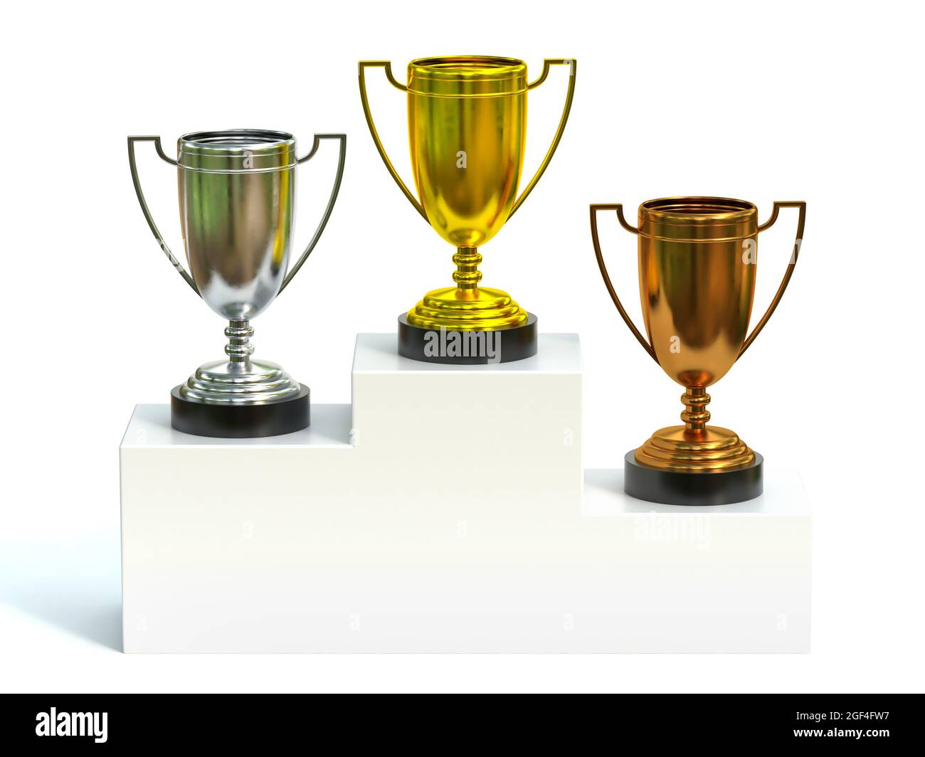 Trophées d'or, d'argent et de bronze sur le podium des champions, premier, deuxième et troisième prix du rendu 3d Banque D'Images