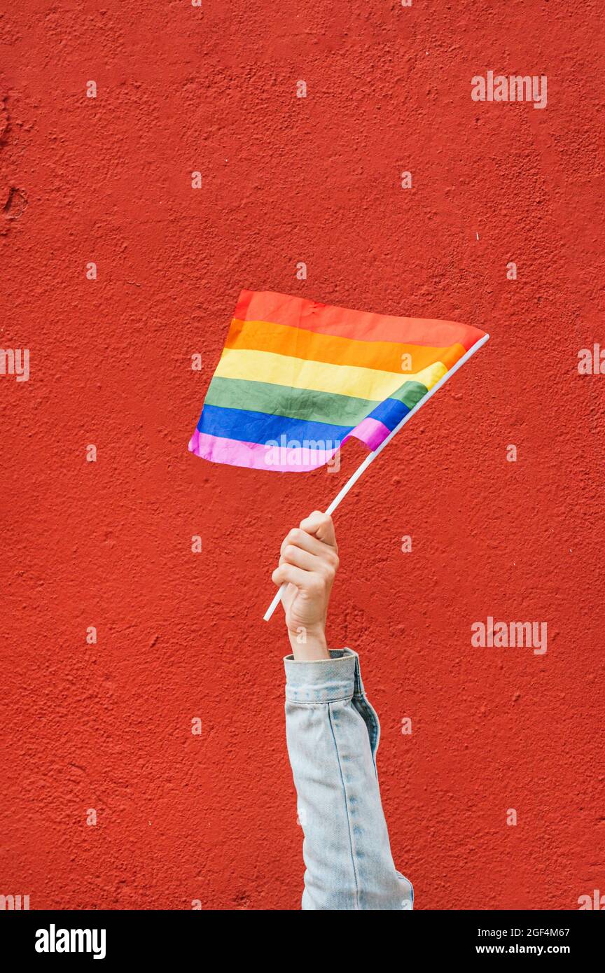 Femme tenant le drapeau arc-en-ciel devant le mur rouge Banque D'Images