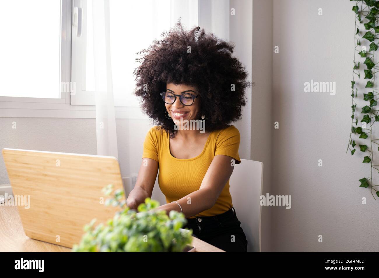 Jeune femme d'affaires souriante travaillant sur un ordinateur portable à la maison Banque D'Images