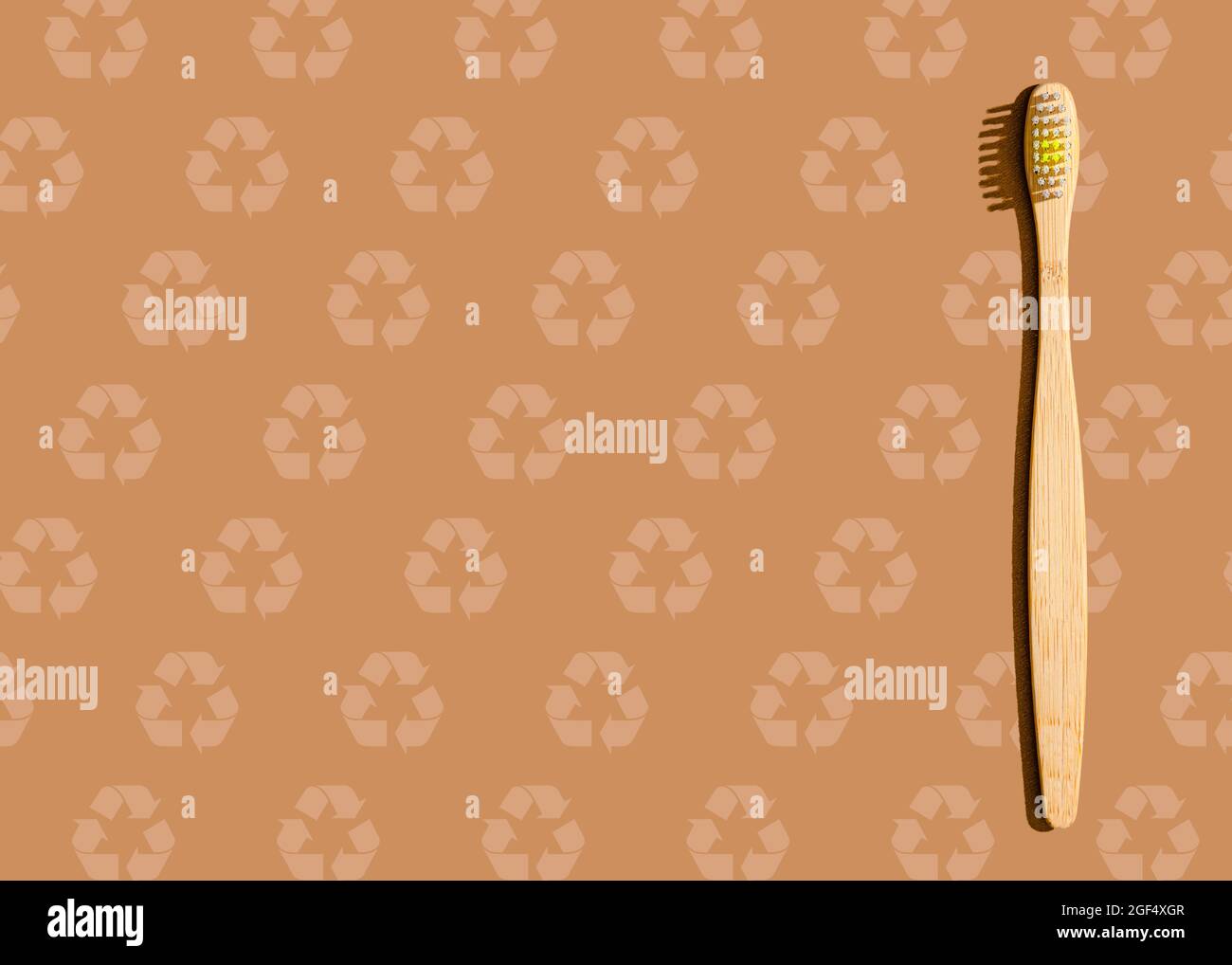 Photo de studio d'une brosse à dents en bois à motif marron avec symboles de recyclage Banque D'Images