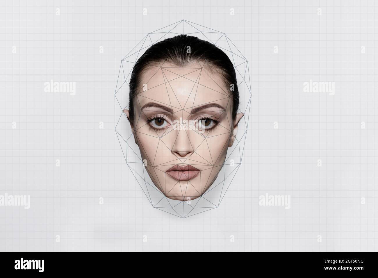 Reconnaissance faciale analyse sur le visage de la femme sur fond blanc Banque D'Images