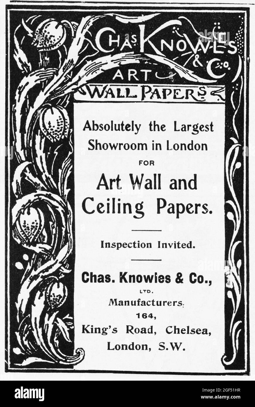 Une publicité de 1902 pour Charles Knowles & Co., « Art Wallpapers – absolument la plus grande salle d'exposition de Londres pour Art Wall and Ceiling Paper – inspection invitée – CH. Knowles & Co Ltd. Manufacturers - 164 King’s Road, Chelsea, London, S.W.”. Banque D'Images