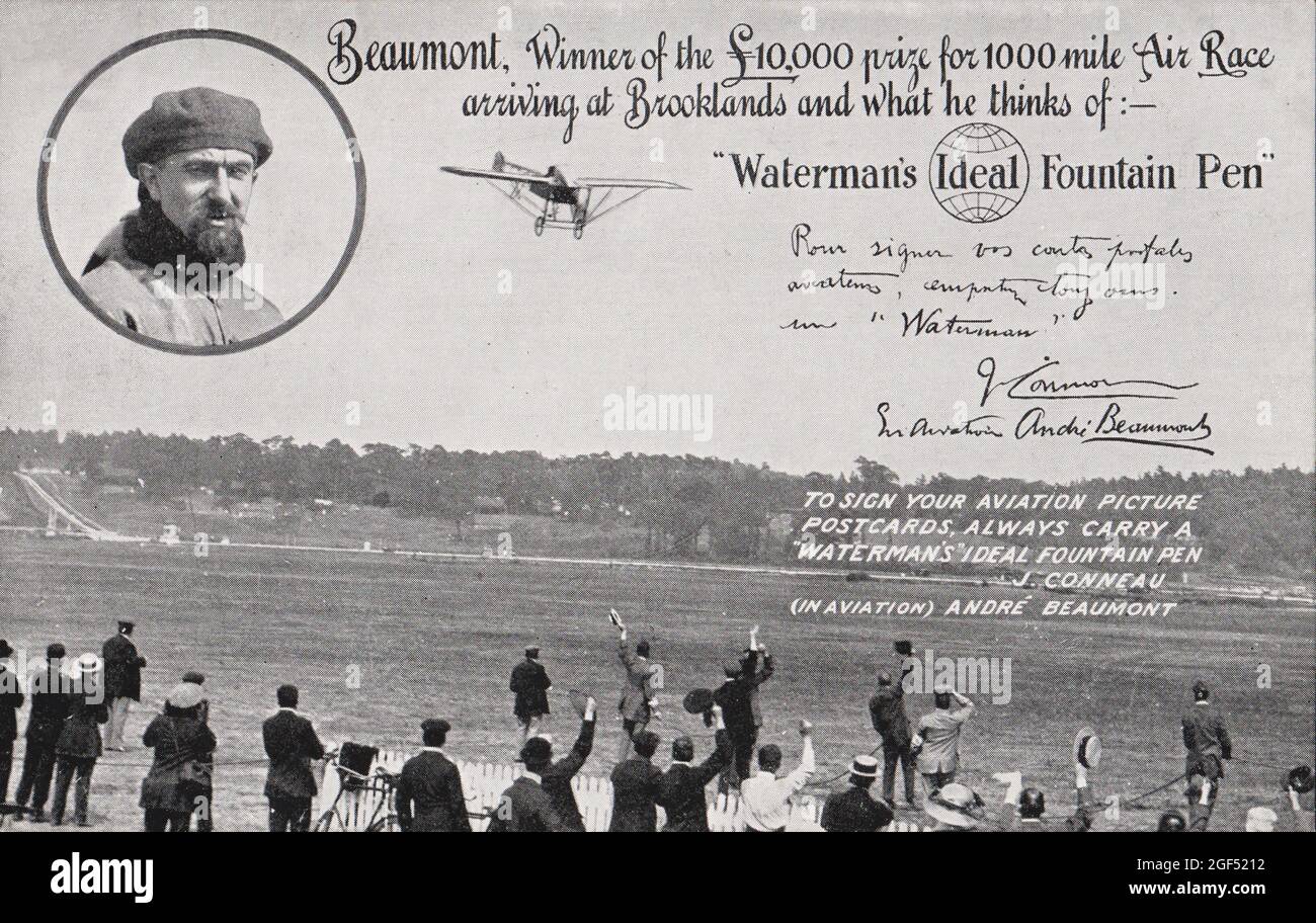 Une carte postale antique intitulée « Beaumont, gagnant du prix de £10,000 pour la course aérienne de 1000 miles arrivant à Brooklands et de ce qu'il pense de :- Waterman's Ideal Fountain Pen ». La carte fait la publicité des stylos-fontaines idéaux de Waterman et présente Jean Louis Conneau (André Beaumont) volant son monoplan Blériot. Conneau a remporté le Daily Mail circuit of Britain Race (Angleterre et Écosse) le 26 juillet 1911, volant d'un Blériot XI Banque D'Images