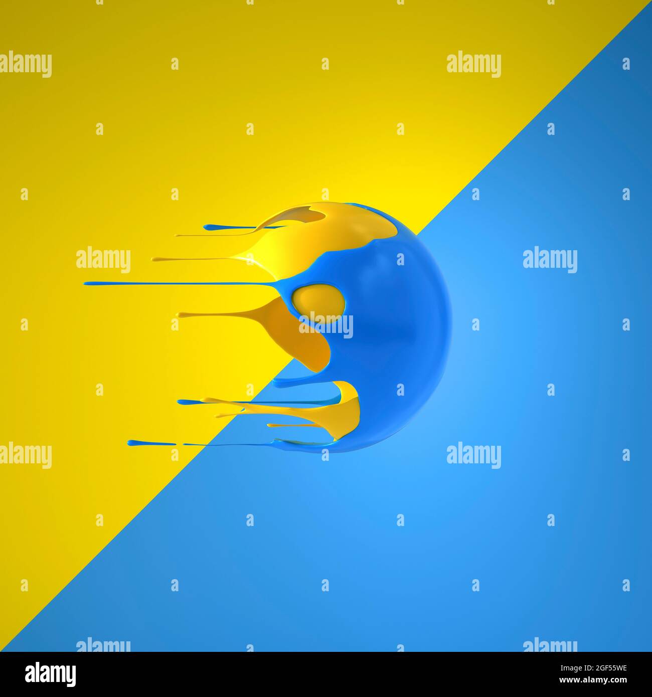 Sphère liquide bleue et jaune survolant le fond bleu et jaune Banque D'Images