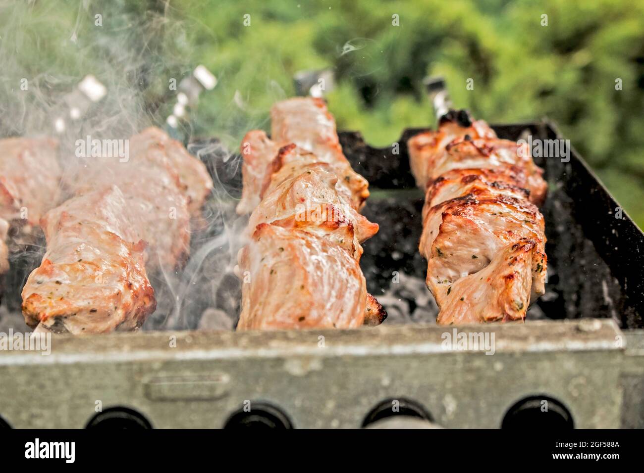 Les brochettes marinées sont préparées sur un barbecue au charbon de bois. Le kebab shish ou le kebab shish est populaire en Europe de l'est. C'était à l'origine un kebab shish Banque D'Images