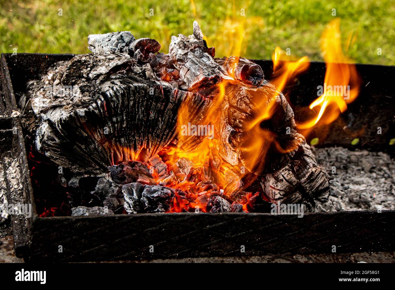 Charbons de feu de camp, bois de chauffage brûlant sur le grill. Texture feu de bois. Feu couvant. Les embres chauds du feu de bois en feu. Banque D'Images