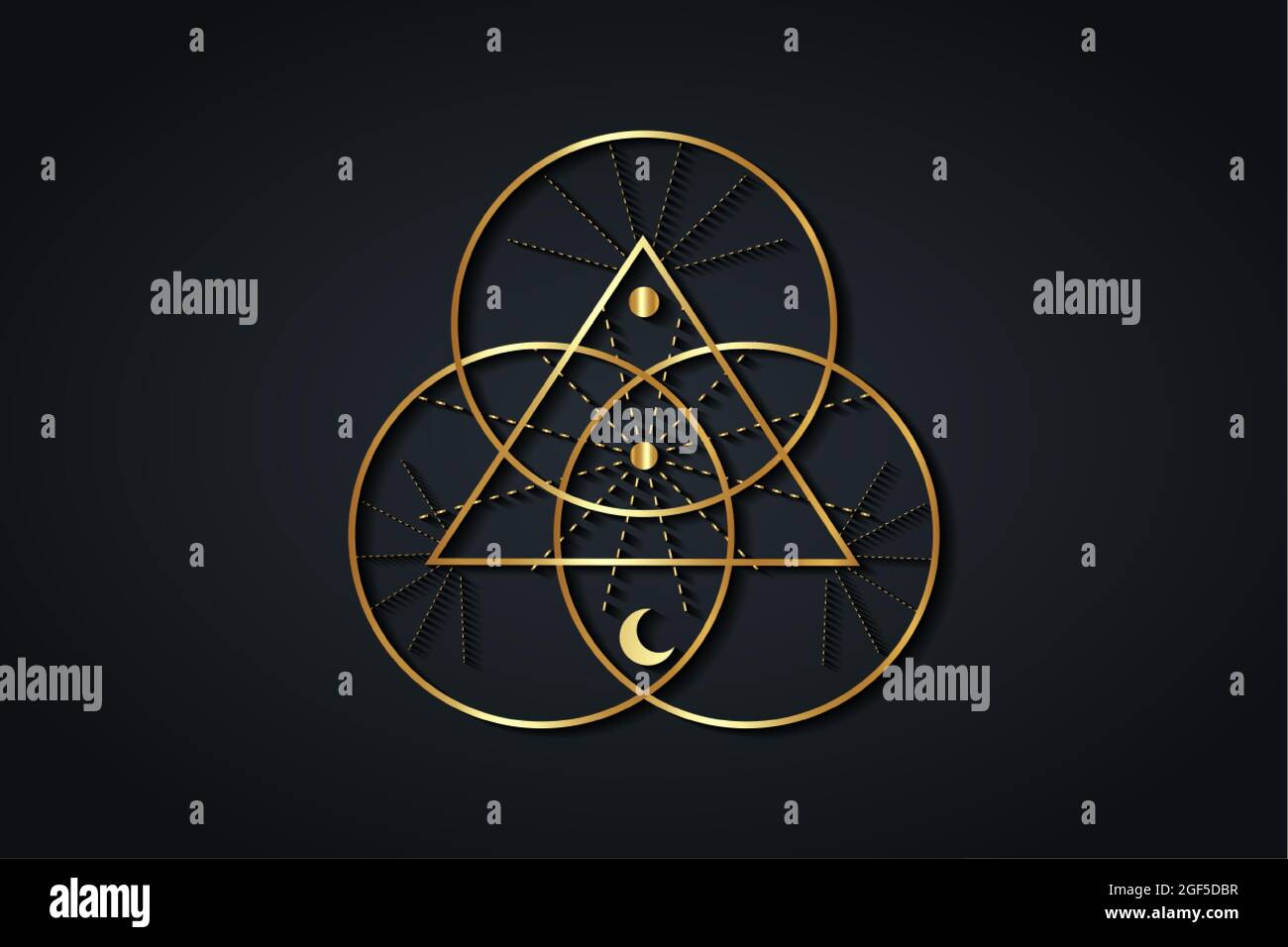Géométrie sacrée d'or, logo Triangle et cercles chevauchants, symbole Triquetra Trinity Knot, Triple Déesse, rayons de lumière. Signe Wicca, livre d'ombres Illustration de Vecteur