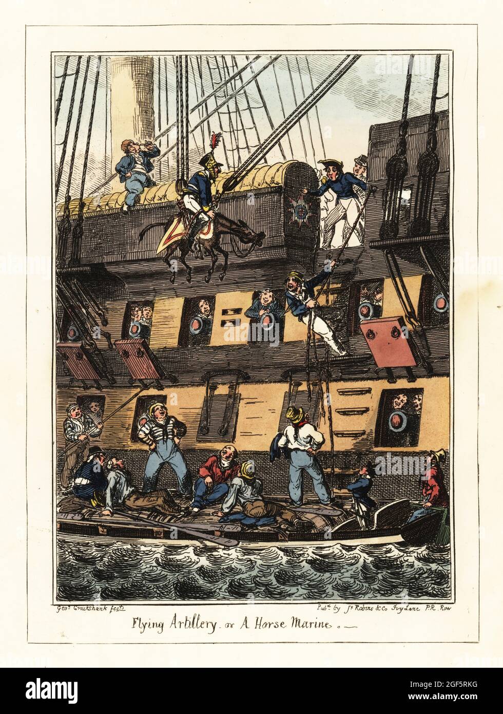 Un dragoon de la milice du Cap-Vert puni par la Marine royale. Pour frapper un coxuwain avec son épée, le cavalryman et son âne sont enroulés en altitude par des cordes du bras de cour principal d'une frégate. Les marins et officiers anglais regardent et rient. L'Artillerie volante, ou une Horse-Marine. Lithographie colorée à la main par George Cruikshank de l'hôpital de Greenwich, une série d'esquisses navales, par an Old Sailor (Matthew H. Barker), publié par James Robins, Londres, 1826. Banque D'Images