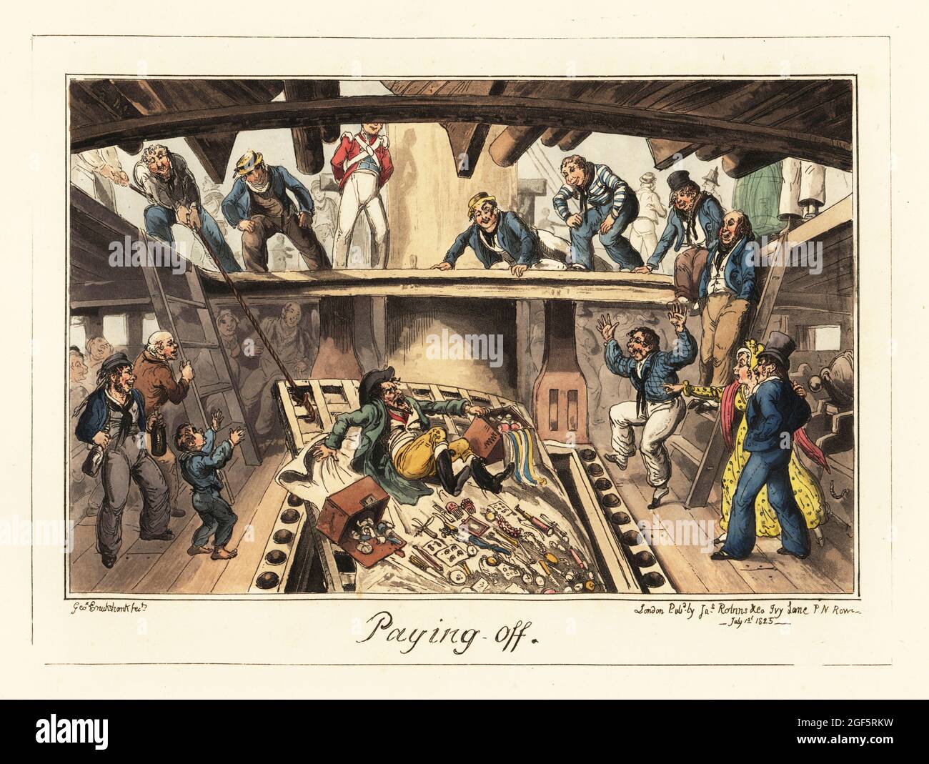 Marins prenant la revanche sur un marchand juif, l'ère napoléonienne. Solomon Schernbac et ses marchandises de la sordide sont déposés à travers une grille vers le bas dans la plate-forme de canon. Les marins, les officiers et les femmes regardent et rient. Payer. Lithographie colorée à la main par George Cruikshank de l'hôpital de Greenwich, une série d'esquisses navales, par an Old Sailor (Matthew H. Barker), publié par James Robins, Londres, 1826. Banque D'Images