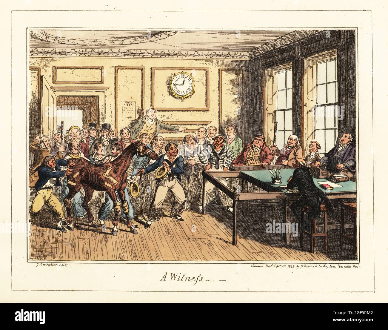 Un marin apporte un cheval boiteux dans un procès en tant que preuve. Joe James et ses camarades dirigent un vieux cheval boney, blessé, devant le magistrat, le maire de Portsmouth. Un témoin. Lithographie colorée à la main par George Cruikshank de l'hôpital de Greenwich, une série d'esquisses navales, par an Old Sailor (Matthew H. Barker), publié par James Robins, Londres, 1826. Banque D'Images