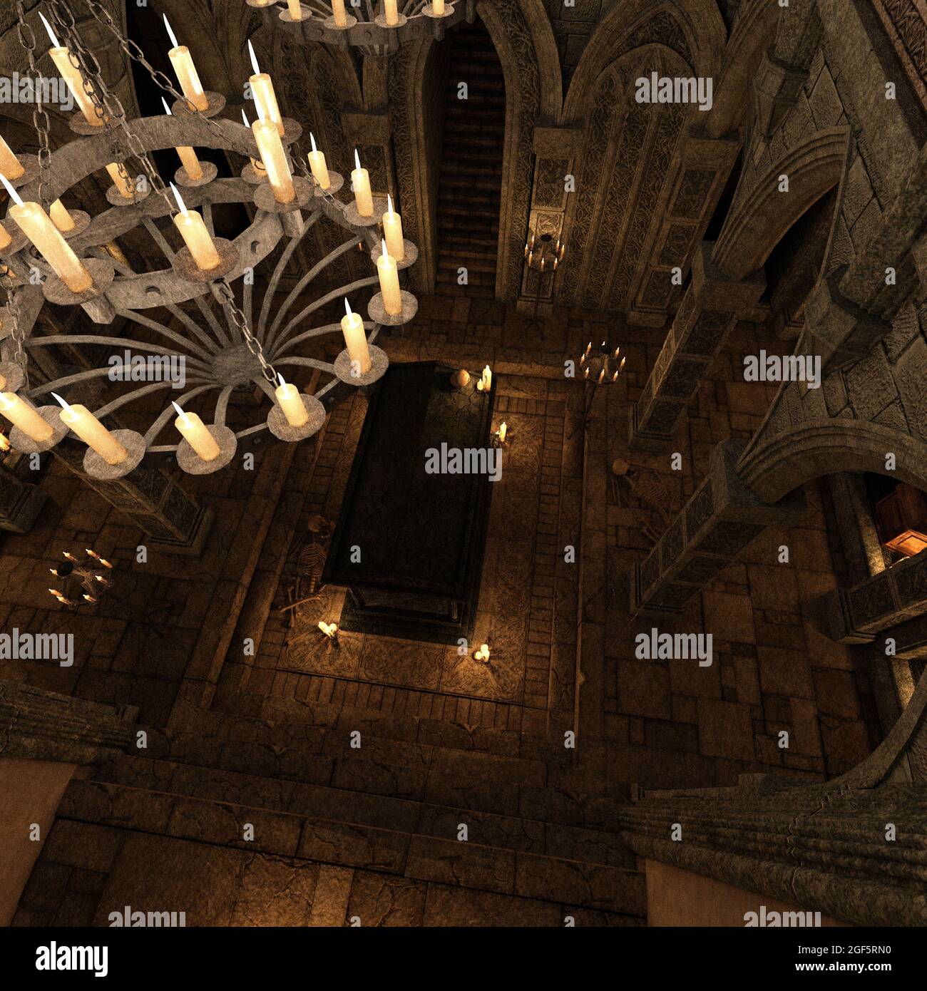 illustration 3d d'une crypte effrayante avec des bougies dans un tombeau Banque D'Images