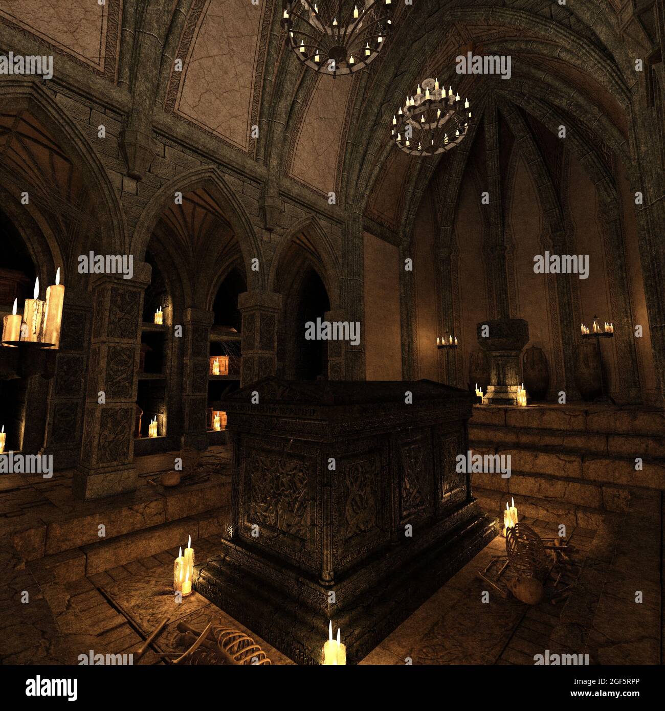 illustration 3d d'une crypte effrayante avec des bougies dans un tombeau Banque D'Images